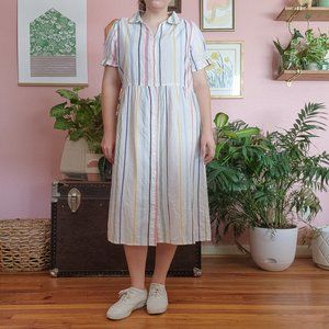dRA Los Angeles Rainbow Striped Button Down Midi Dress 100% Cotton Size L